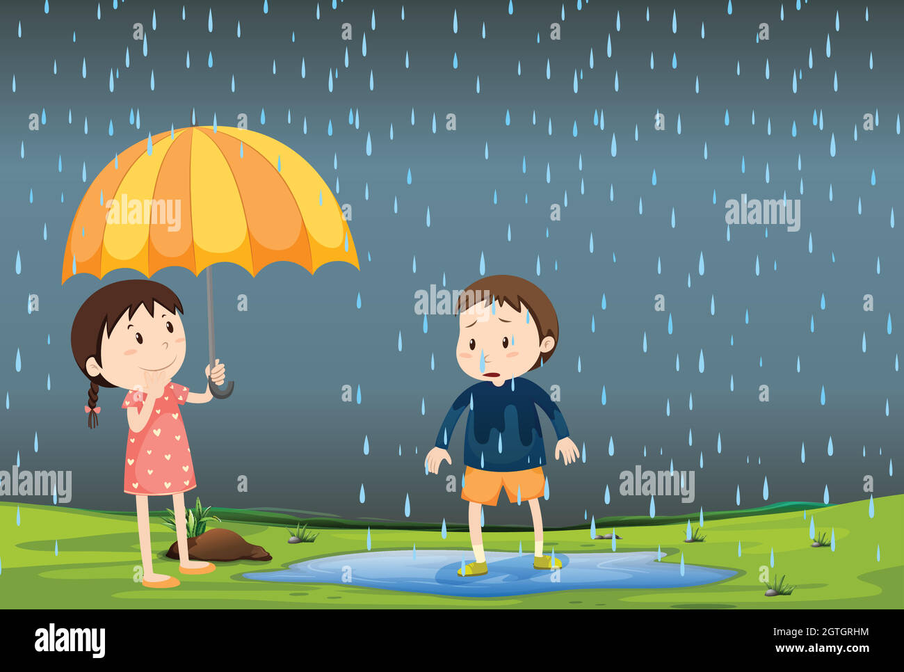 Two children in the rain Stock Vector