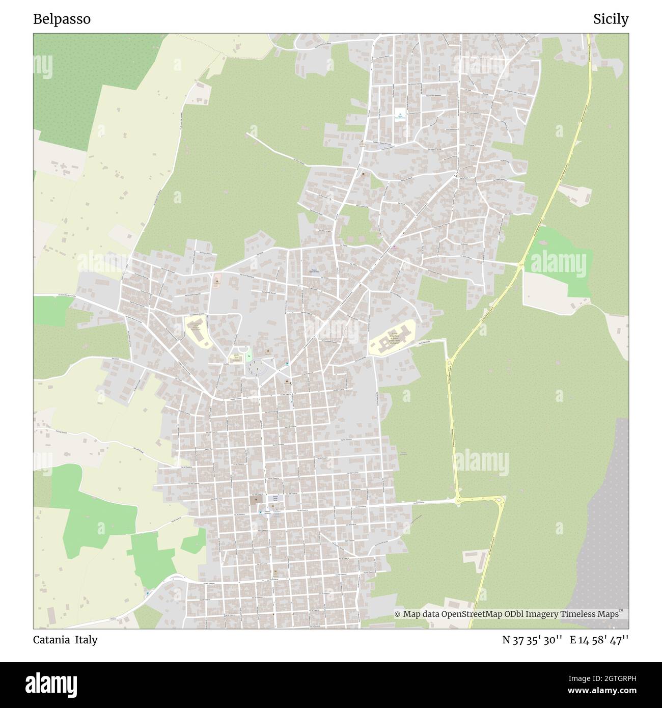 Belpasso, Catania, Italy, Sicily, N 37 35' 30'', E 14 58' 47'', map, Timeless Map published in 2021. Travelers, explorers and adventurers like Florence Nightingale, David Livingstone, Ernest Shackleton, Lewis and Clark and Sherlock Holmes relied on maps to plan travels to the world's most remote corners, Timeless Maps is mapping most locations on the globe, showing the achievement of great dreams Stock Photo