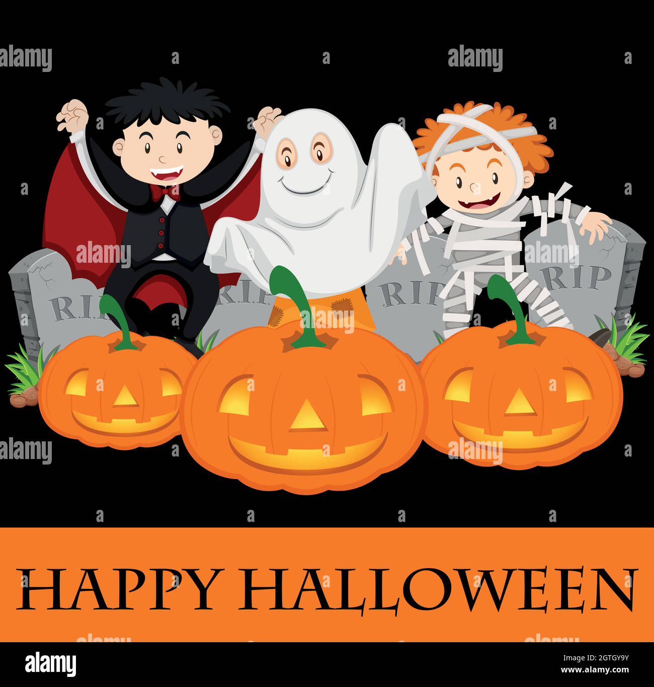 Happy Halloween card template with kids in costume Stock Vector