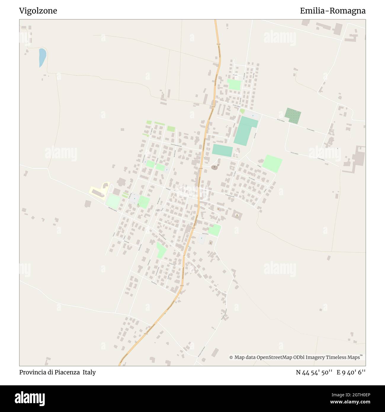 Vigolzone, Provincia di Piacenza, Italy, Emilia-Romagna, N 44 54' 50'', E 9 40' 6'', map, Timeless Map published in 2021. Travelers, explorers and adventurers like Florence Nightingale, David Livingstone, Ernest Shackleton, Lewis and Clark and Sherlock Holmes relied on maps to plan travels to the world's most remote corners, Timeless Maps is mapping most locations on the globe, showing the achievement of great dreams Stock Photo