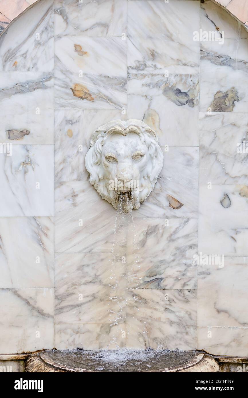 Bas-relief with the head of a lion with stream of water pouring from ...