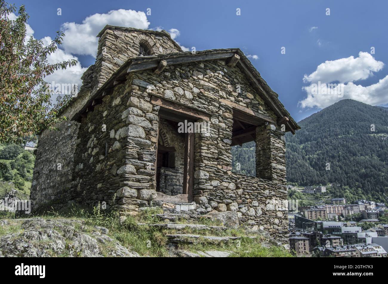 Beautiful view of a Esglesia de Sant Roma de les Bons Encamp church in  Andorra Stock Photo