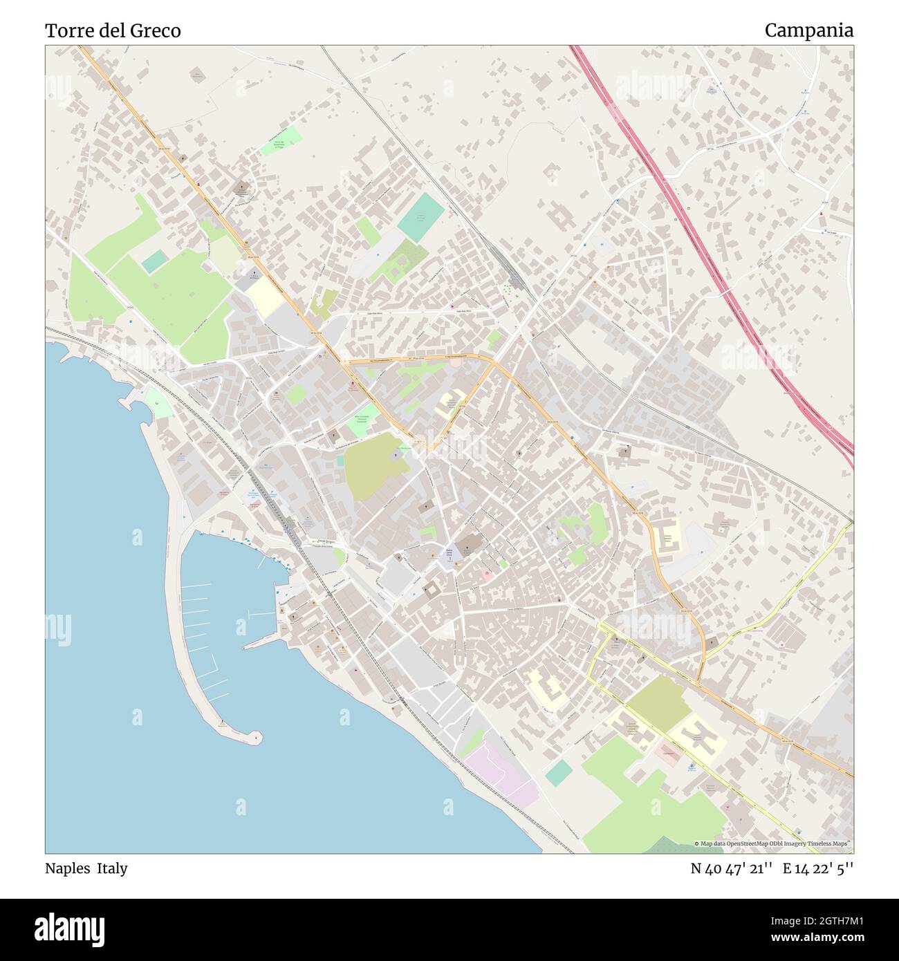Torre del Greco, Naples, Italy, Campania, N 40 47' 21'', E 14 22' 5'', map, Timeless Map published in 2021. Travelers, explorers and adventurers like Florence Nightingale, David Livingstone, Ernest Shackleton, Lewis and Clark and Sherlock Holmes relied on maps to plan travels to the world's most remote corners, Timeless Maps is mapping most locations on the globe, showing the achievement of great dreams Stock Photo
