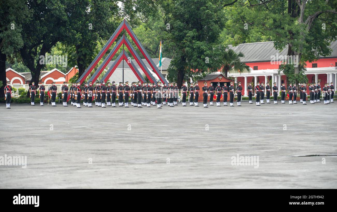 Dehradun, Uttarakhand India August 15, 2021. Indian army officer passing out parade after 18-month tough training at Indian Military Academy IMA.  Stock Photo