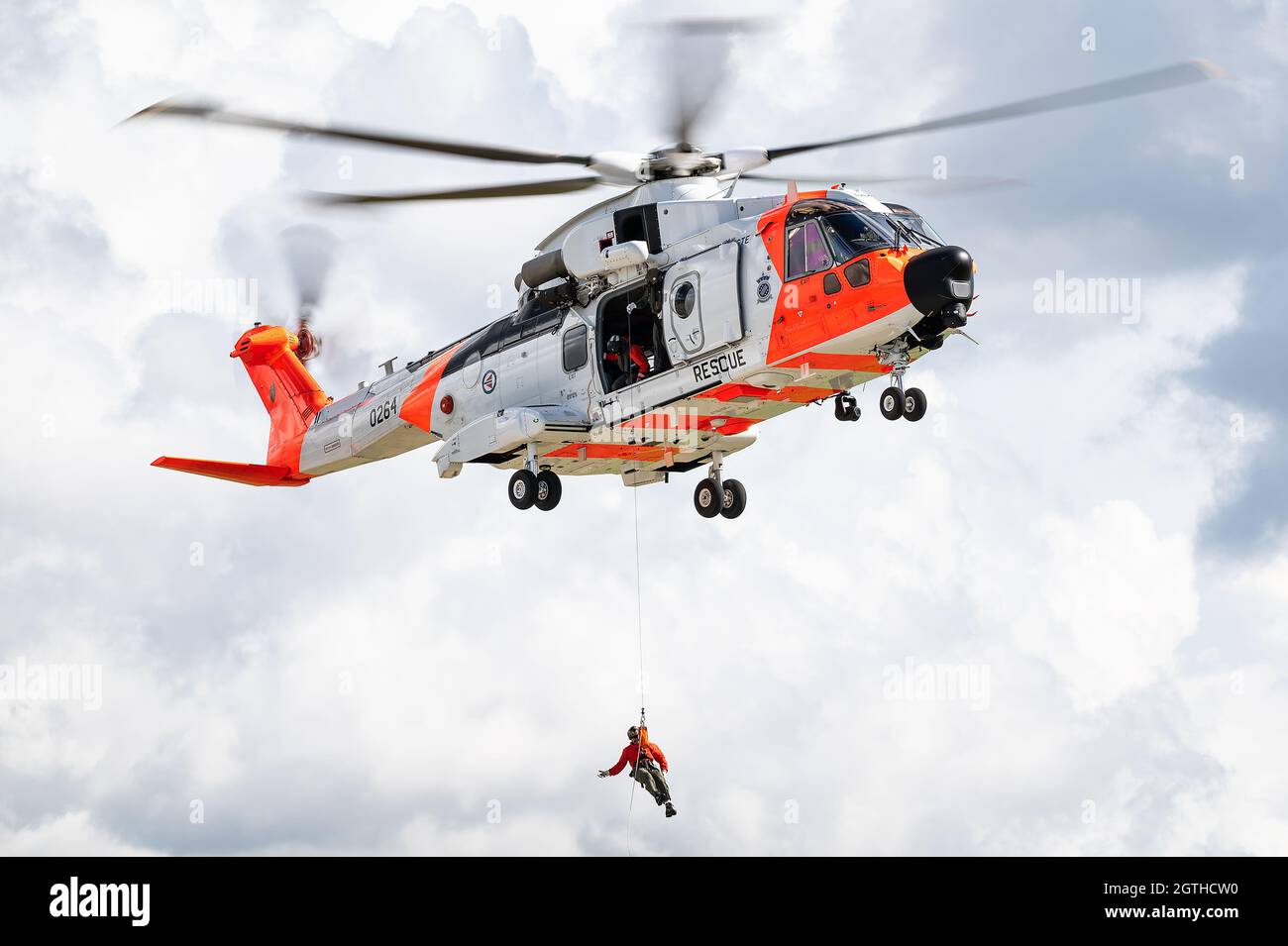 An AgustaWestland AW101 search and rescue helicopter from the Redningshelikoptertjenesten of the Royal Norwegian Air Force. Stock Photo