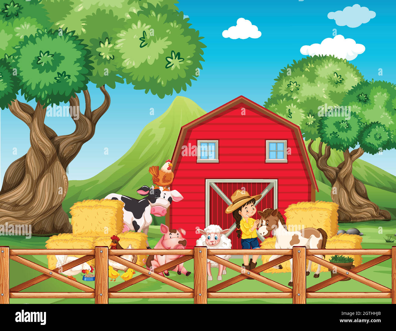 Farm scene with girl and animals on the farm Stock Vector