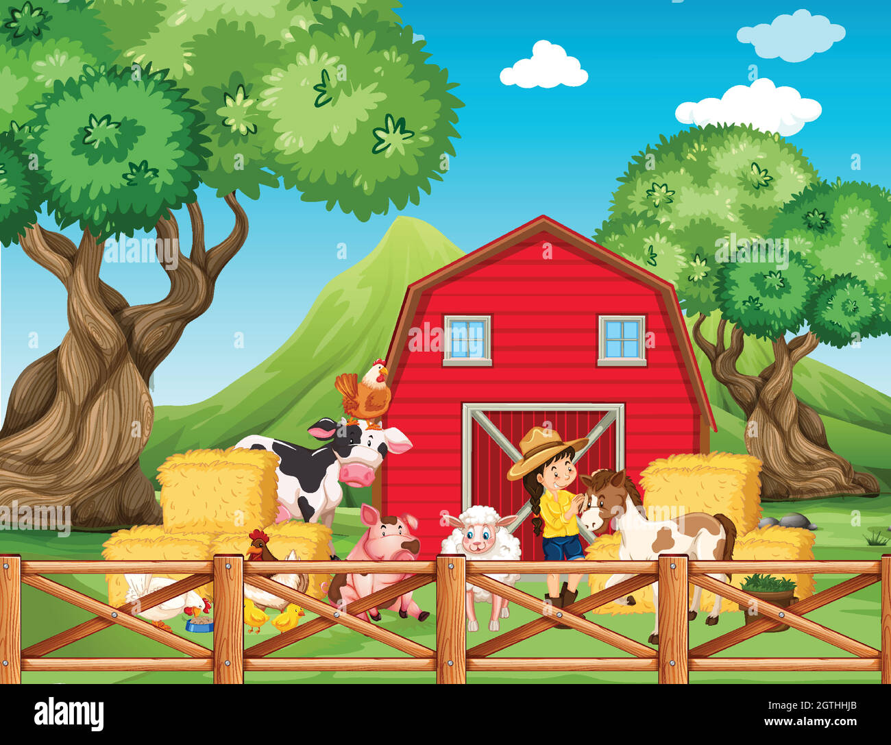 Farm scene with girl and animals on the farm Stock Vector Image & Art ...