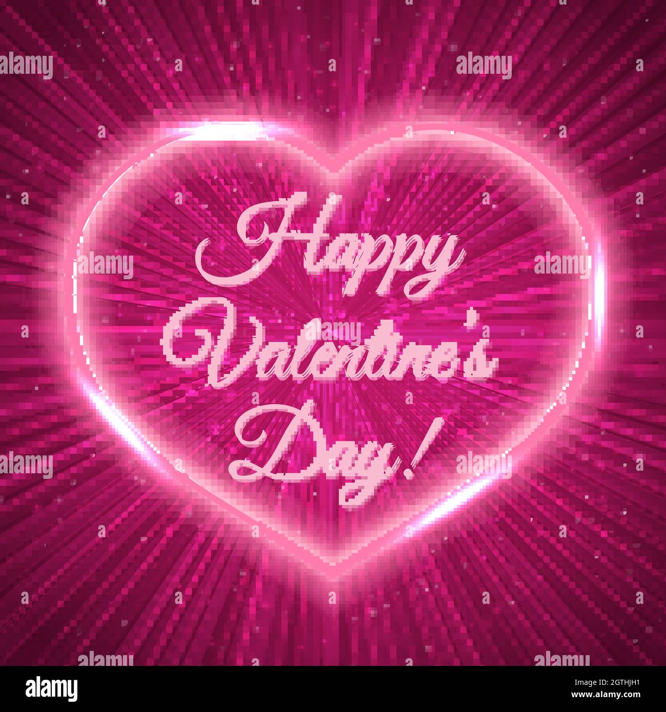 Happy Valentine s day Pink greeting card with neon heart on shiny rays ...
