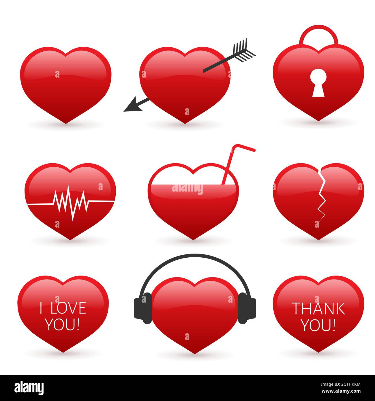 Set of nine red hearts icons isolated on white background. Valentine s ...