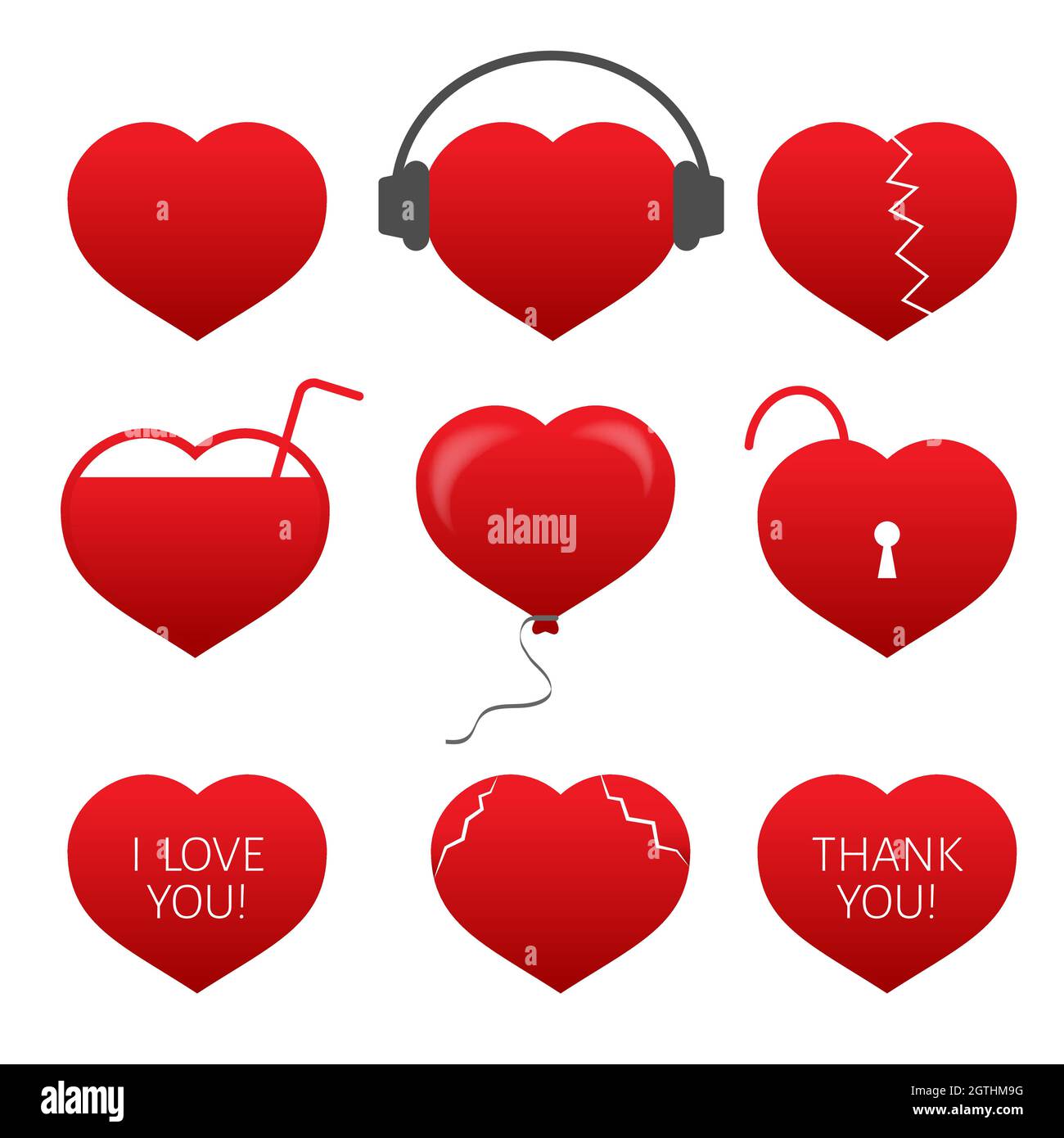 Set of nine red hearts. Flat icons isolated on white background ...