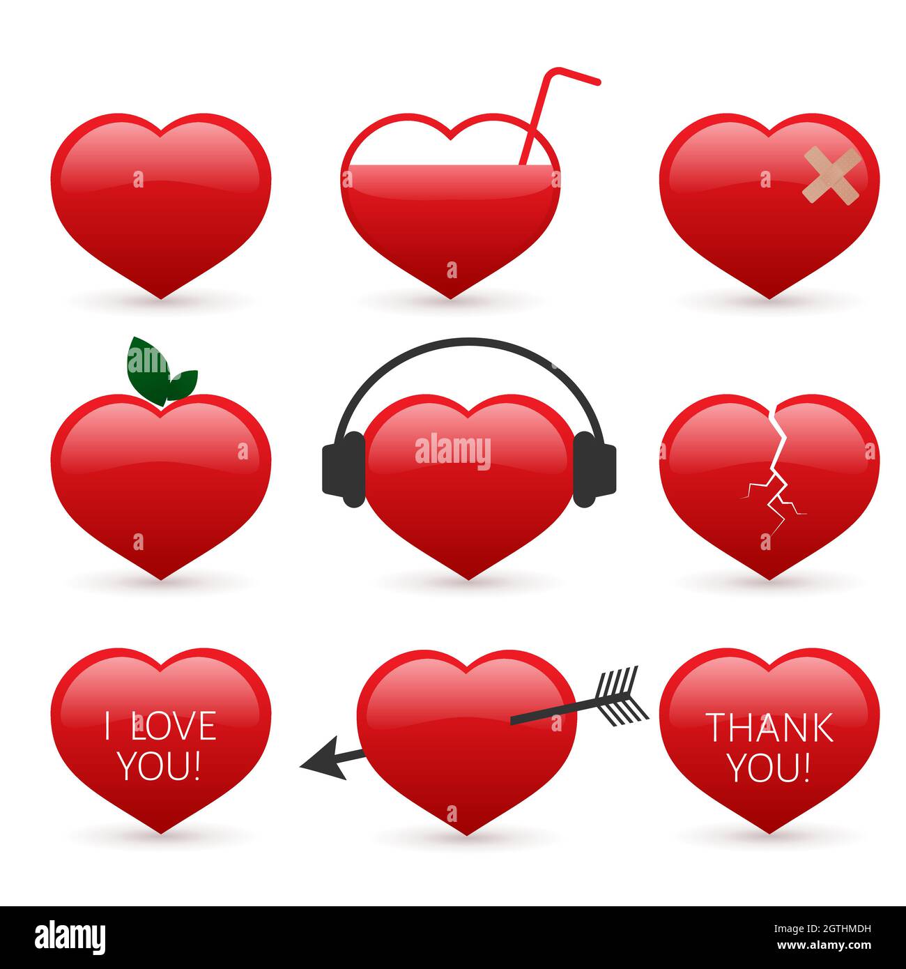Set of nine red hearts icons isolated on white background. Valentine s ...