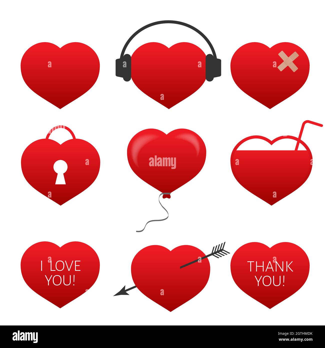Set of nine red hearts. Flat icons isolated on white background ...