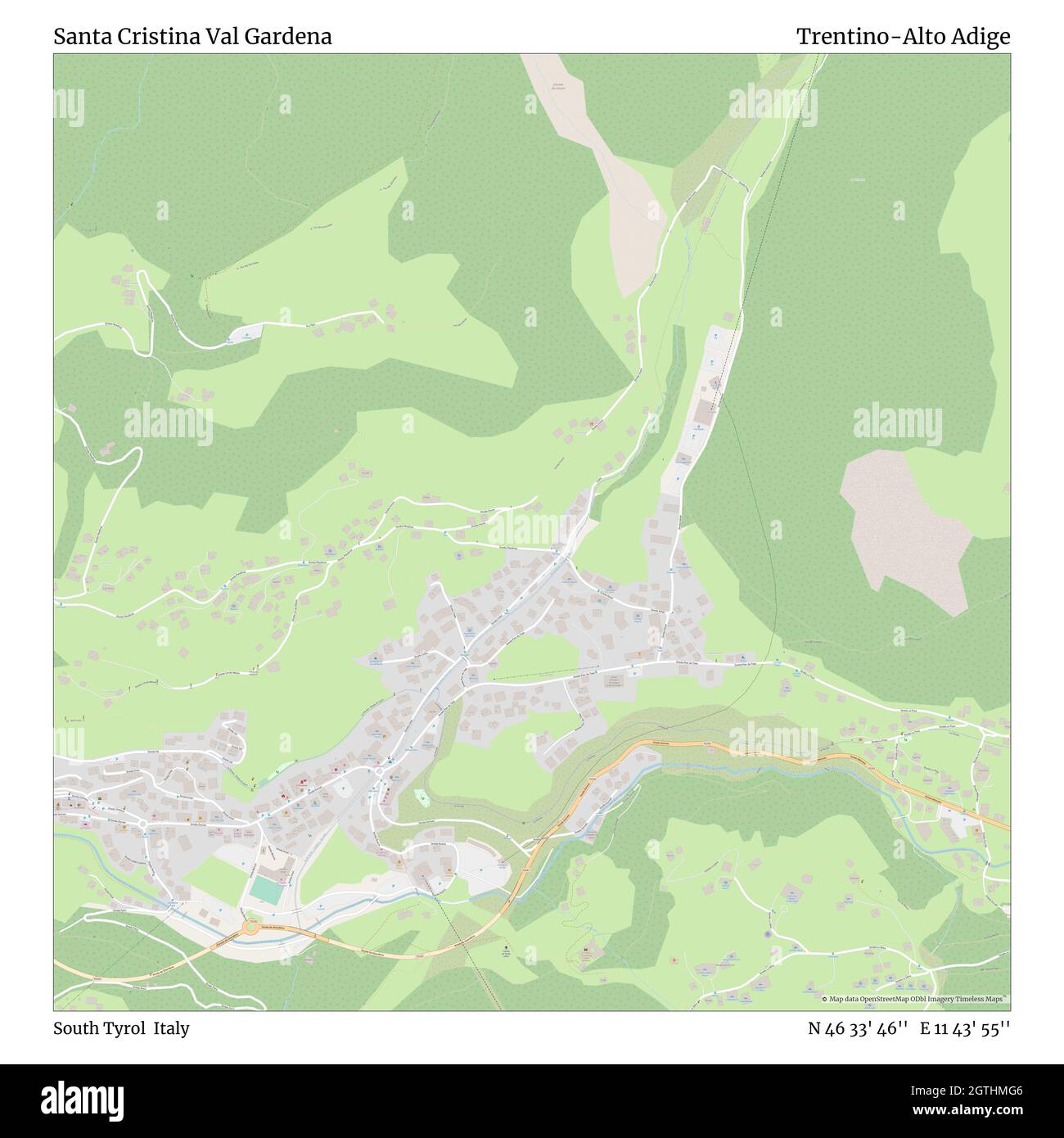 Santa Cristina Val Gardena, South Tyrol, Italy, Trentino-Alto Adige, N 46 33' 46'', E 11 43' 55'', map, Timeless Map published in 2021. Travelers, explorers and adventurers like Florence Nightingale, David Livingstone, Ernest Shackleton, Lewis and Clark and Sherlock Holmes relied on maps to plan travels to the world's most remote corners, Timeless Maps is mapping most locations on the globe, showing the achievement of great dreams Stock Photo
