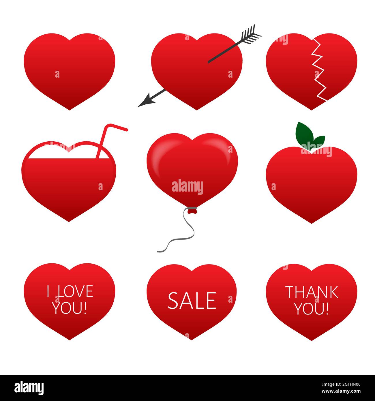Set of nine red hearts. Flat icons isolated on white background ...