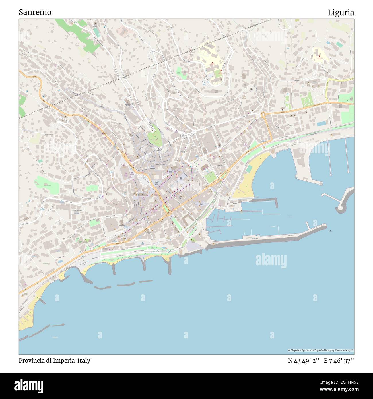 Sanremo, Provincia di Imperia, Italy, Liguria, N 43 49' 2'', E 7 46' 37'', map, Timeless Map published in 2021. Travelers, explorers and adventurers like Florence Nightingale, David Livingstone, Ernest Shackleton, Lewis and Clark and Sherlock Holmes relied on maps to plan travels to the world's most remote corners, Timeless Maps is mapping most locations on the globe, showing the achievement of great dreams Stock Photo