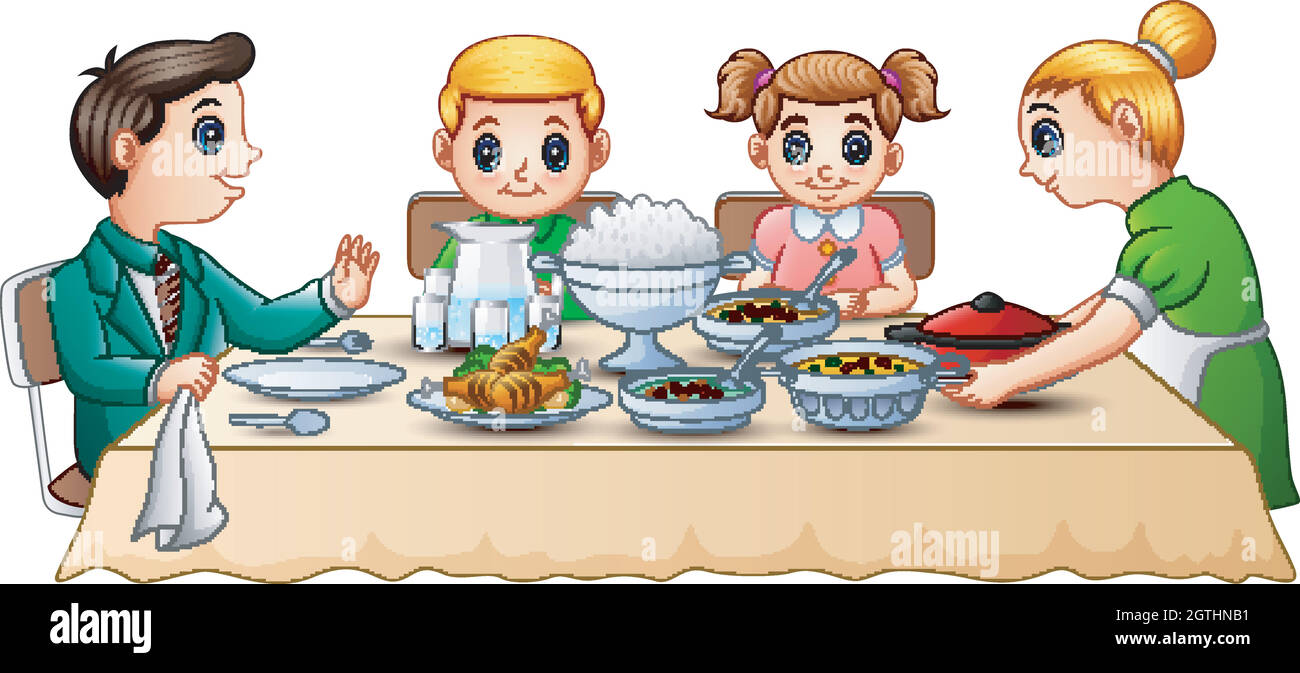Happy family eating dinner together on dining table Stock Vector Image
