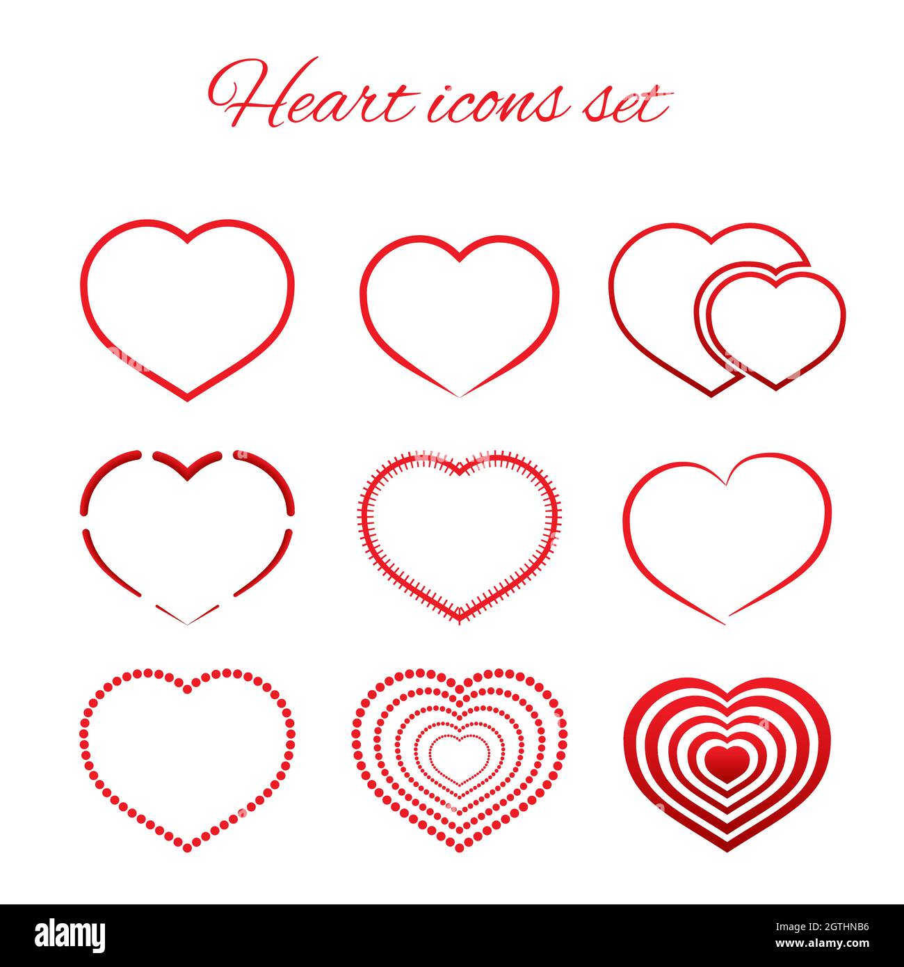 Set of nine red hearts flat icon isolated on white background ...