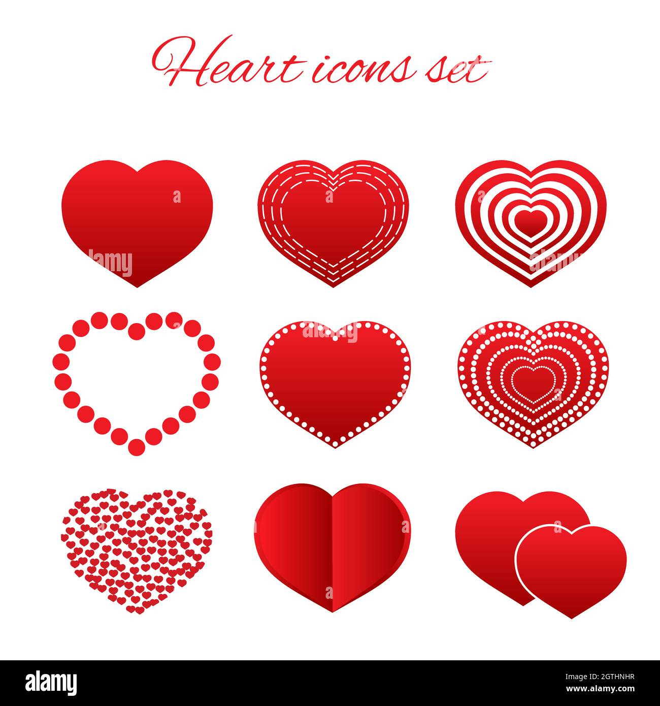 Set of nine red hearts flat icon isolated on white background ...