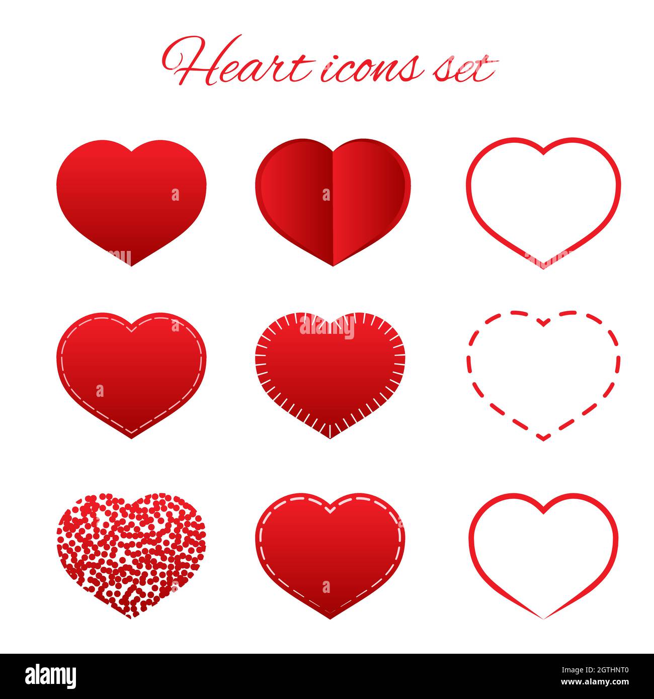 Set of nine red hearts flat icon isolated on white background ...