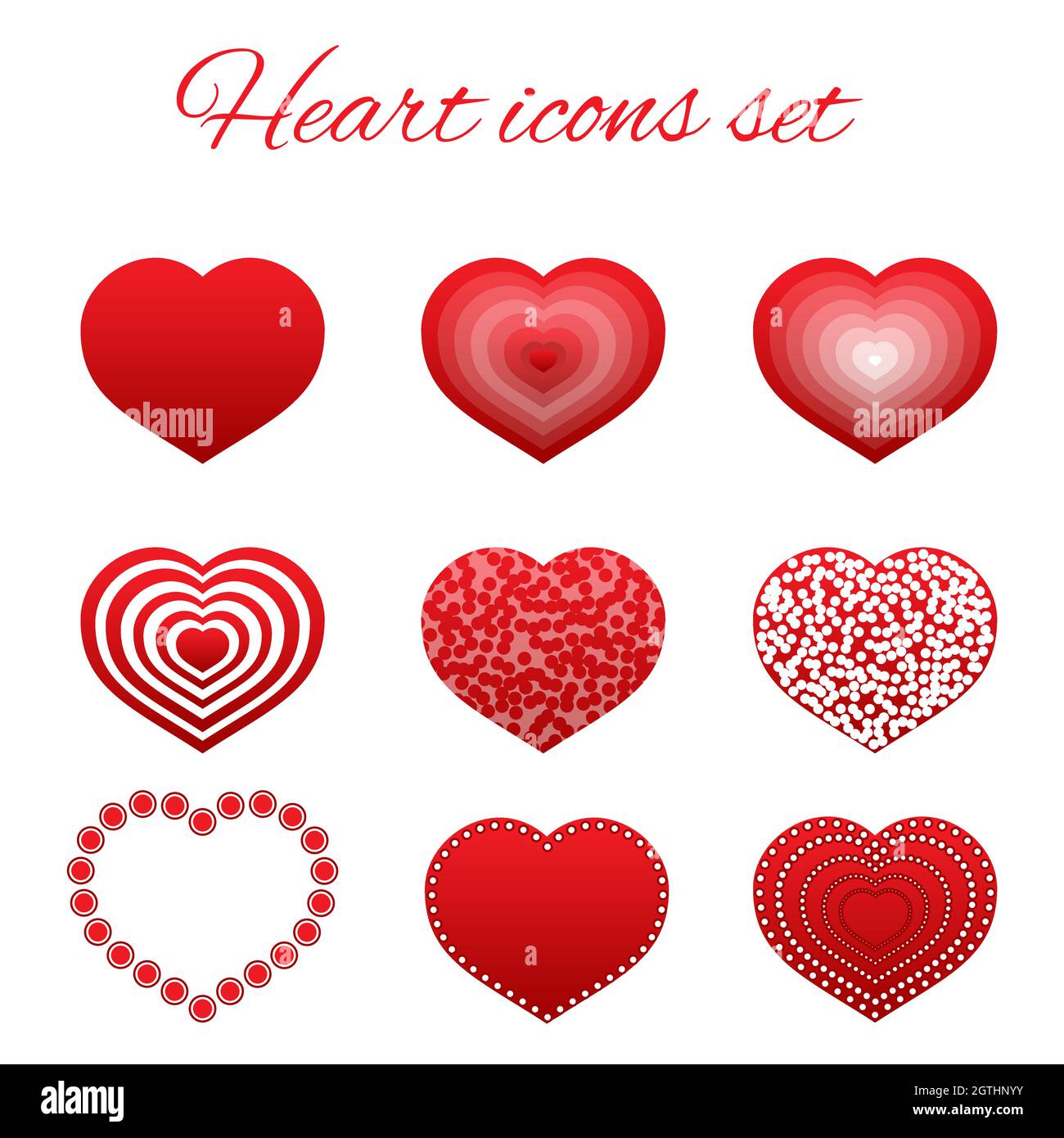 Set of nine red hearts flat icon isolated on white background ...