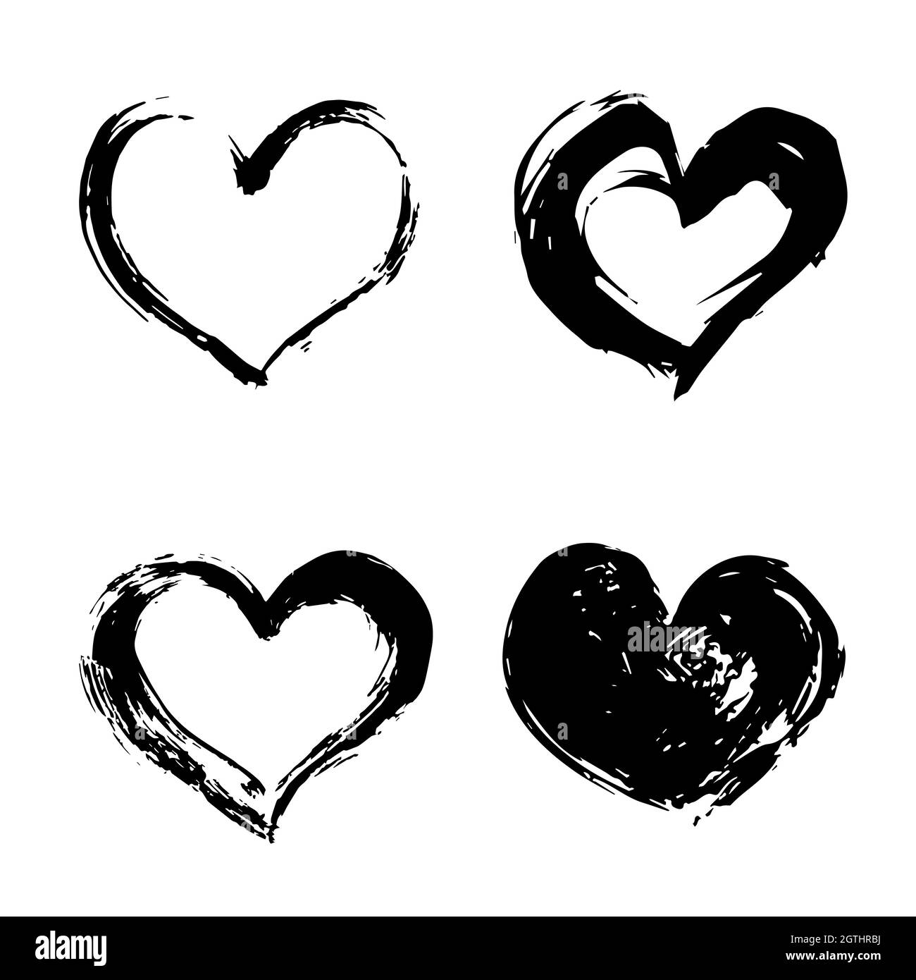Set of four hand drawn black hearts isolated on white. Grunge heart vector illustration. Rough shapes. Watercolor or acrylic painting effect. Valentin Stock Vector