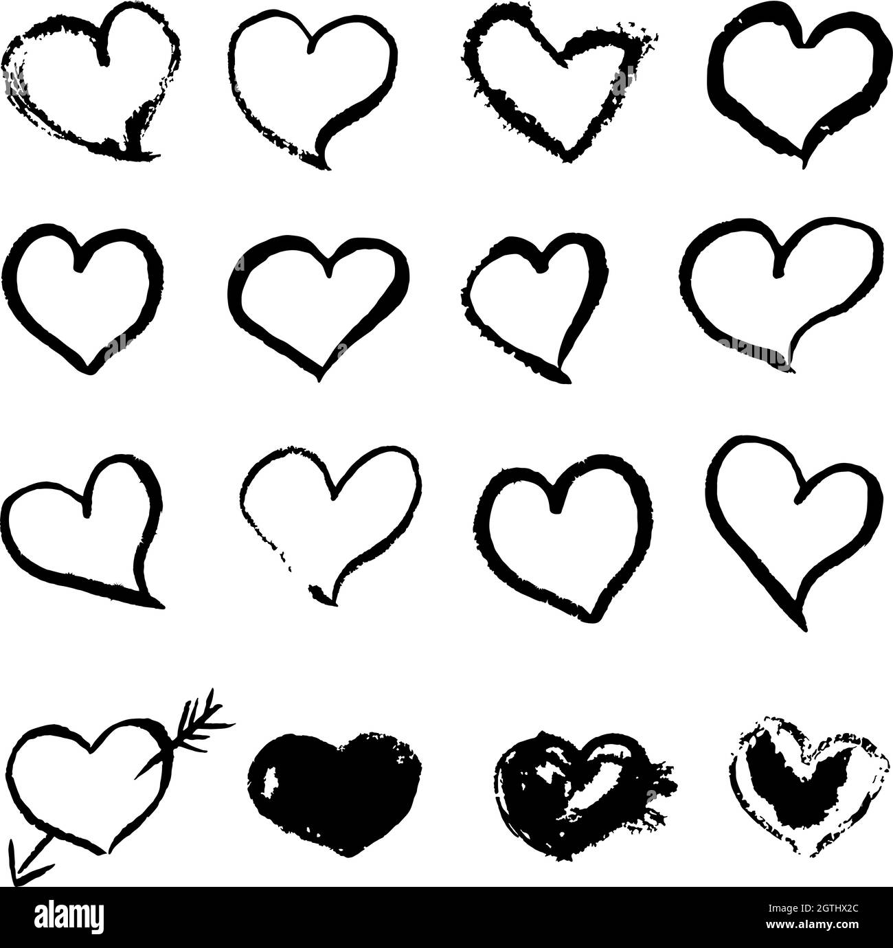 Set of 16 hand drawn black hearts isolated on white. Grunge heart