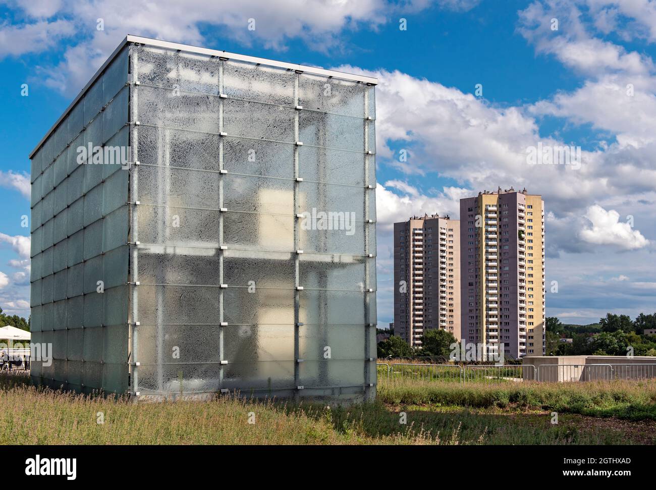 Modernist Osiedle Gwiazdy  estate and glass cube of New Silesian Museum, Katowice, Poland Stock Photo