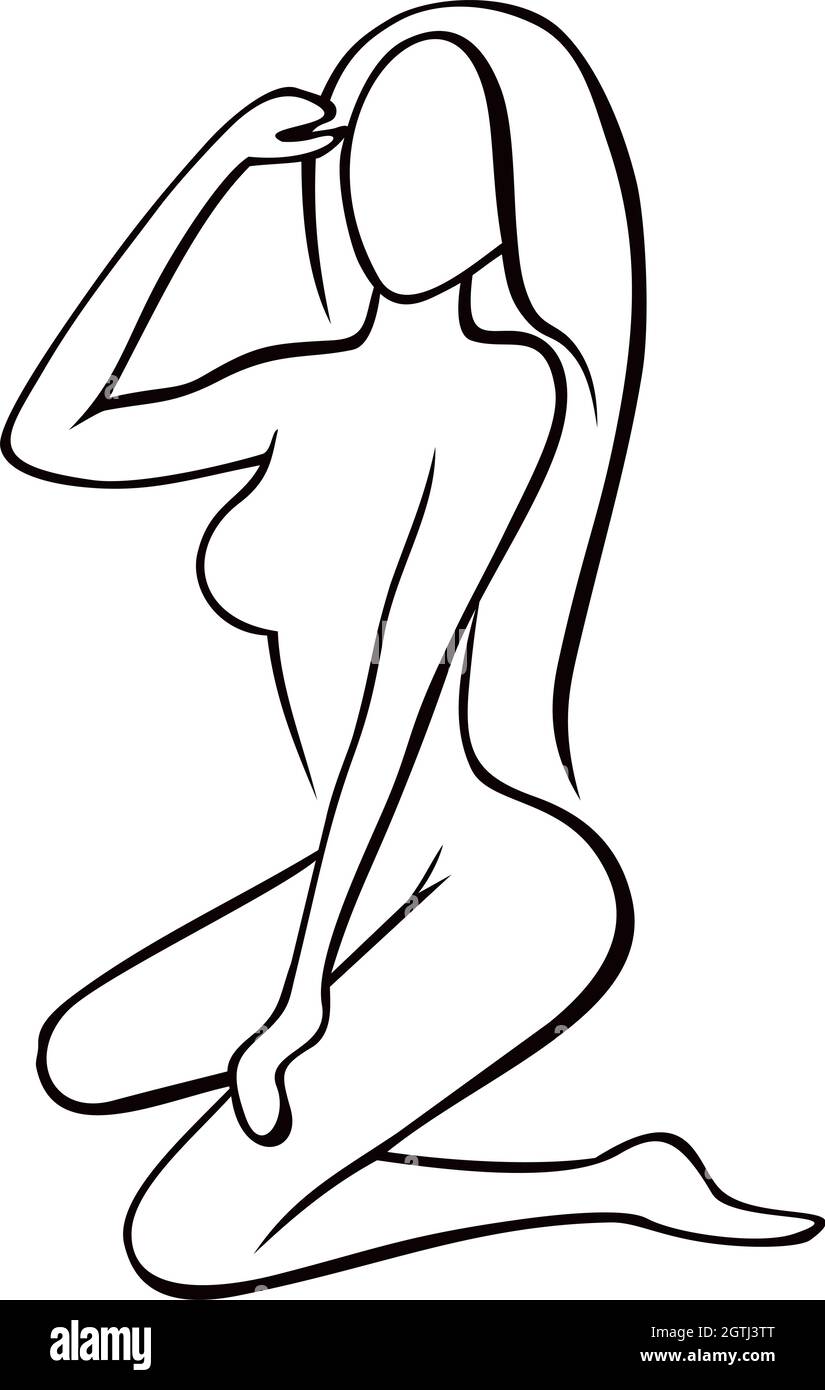 Kneeling sexy woman with long hair on the sketch Stock Vector
