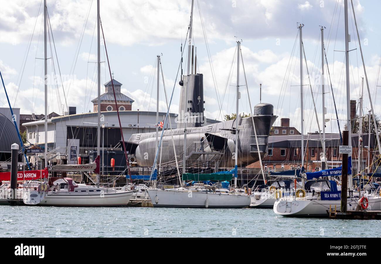HMS Alliance, a Royal Navy Amphion Class submarine,  seen from sea on display at Portsmouth Dockyard, Hampshire, UK on 29 September 2021 Stock Photo