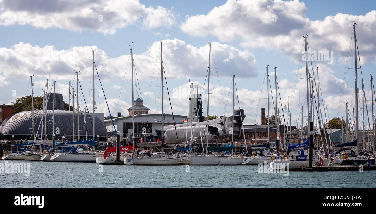 HMS Alliance, a Royal Navy Amphion Class submarine,  seen from sea on display at Portsmouth Dockyard, Hampshire, UK on 29 September 2021 Stock Photo