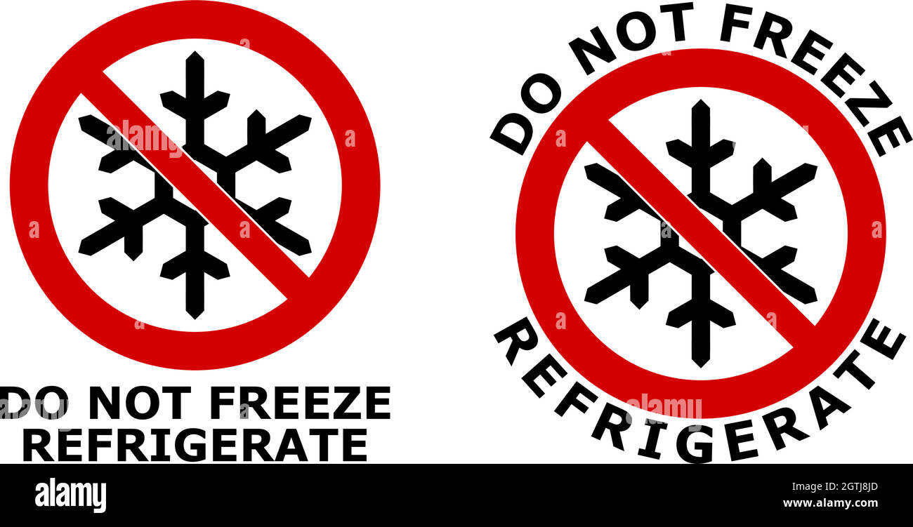 Do not freeze, refrigerate sign. Black snowflake symbol in red crossed circle. Version with text