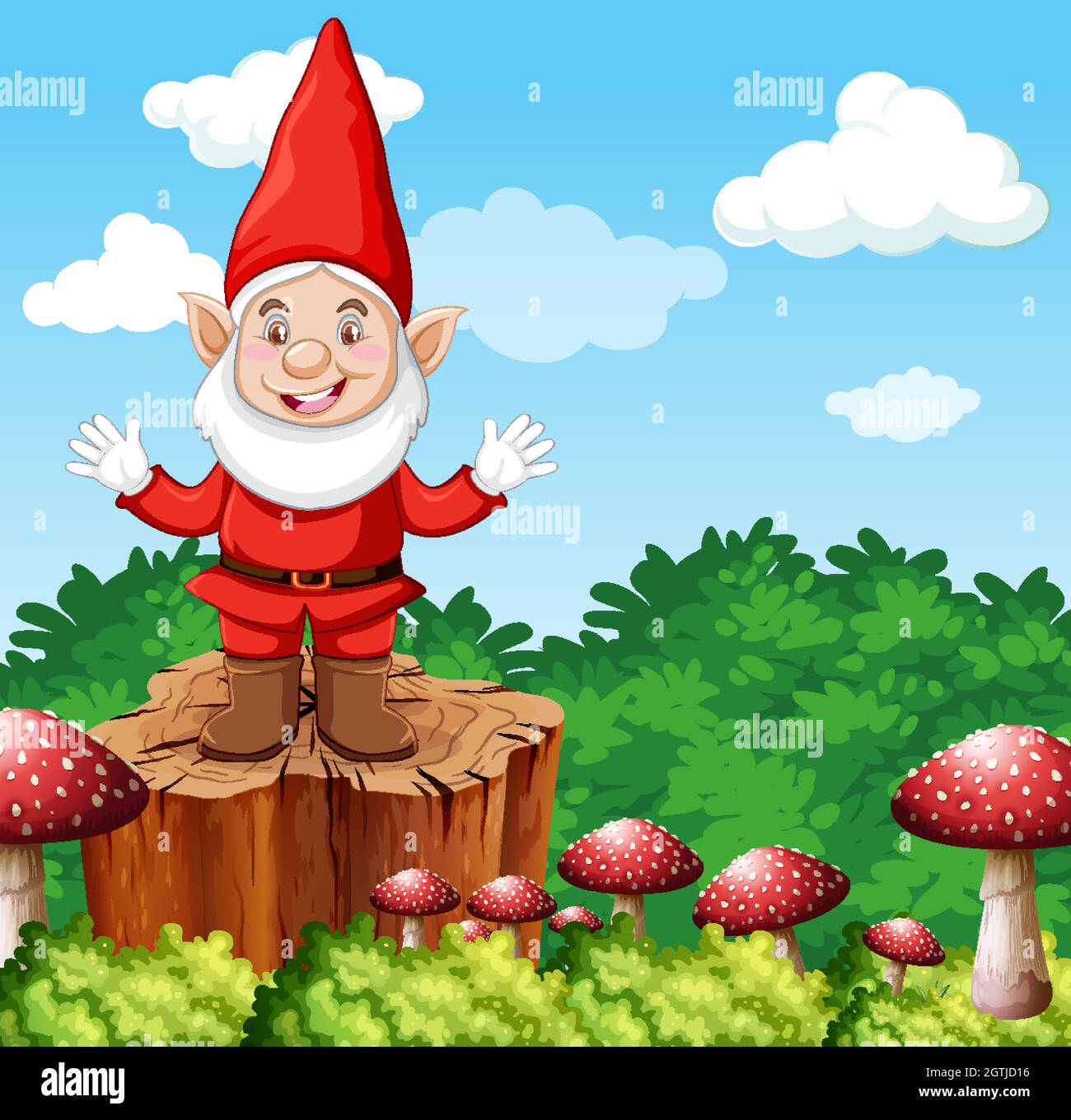 Gnome standing on stumpwith mushroom on garden background Stock Vector