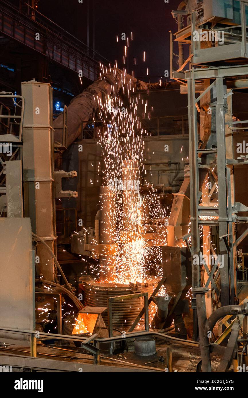 Electric steel furnace, glowing graphite electrodes Stock Photo Alamy