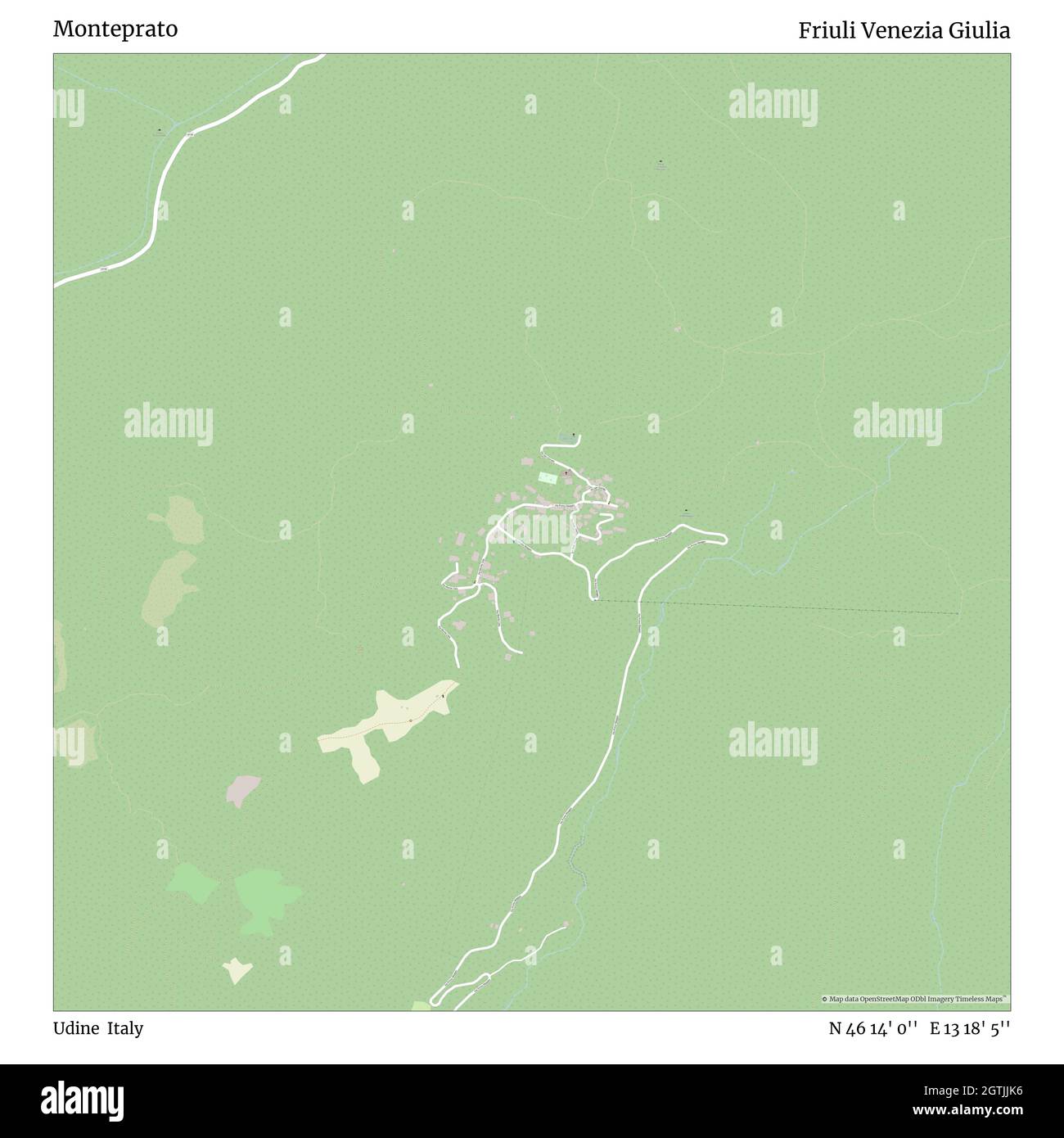 Monteprato, Udine, Italy, Friuli Venezia Giulia, N 46 14' 0'', E 13 18' 5'', map, Timeless Map published in 2021. Travelers, explorers and adventurers like Florence Nightingale, David Livingstone, Ernest Shackleton, Lewis and Clark and Sherlock Holmes relied on maps to plan travels to the world's most remote corners, Timeless Maps is mapping most locations on the globe, showing the achievement of great dreams Stock Photo