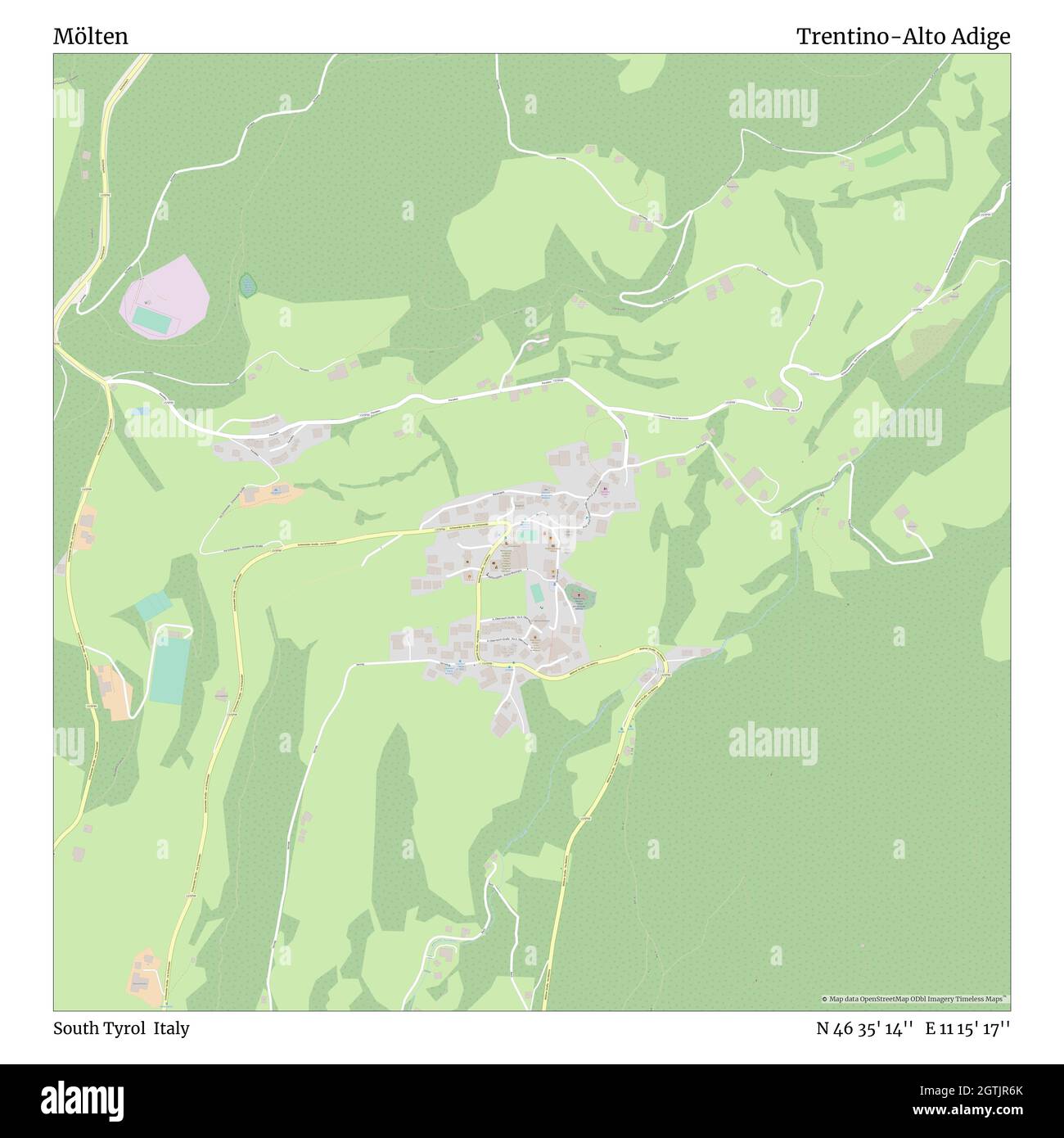 Mölten, South Tyrol, Italy, Trentino-Alto Adige, N 46 35' 14'', E 11 15' 17'', map, Timeless Map published in 2021. Travelers, explorers and adventurers like Florence Nightingale, David Livingstone, Ernest Shackleton, Lewis and Clark and Sherlock Holmes relied on maps to plan travels to the world's most remote corners, Timeless Maps is mapping most locations on the globe, showing the achievement of great dreams Stock Photo