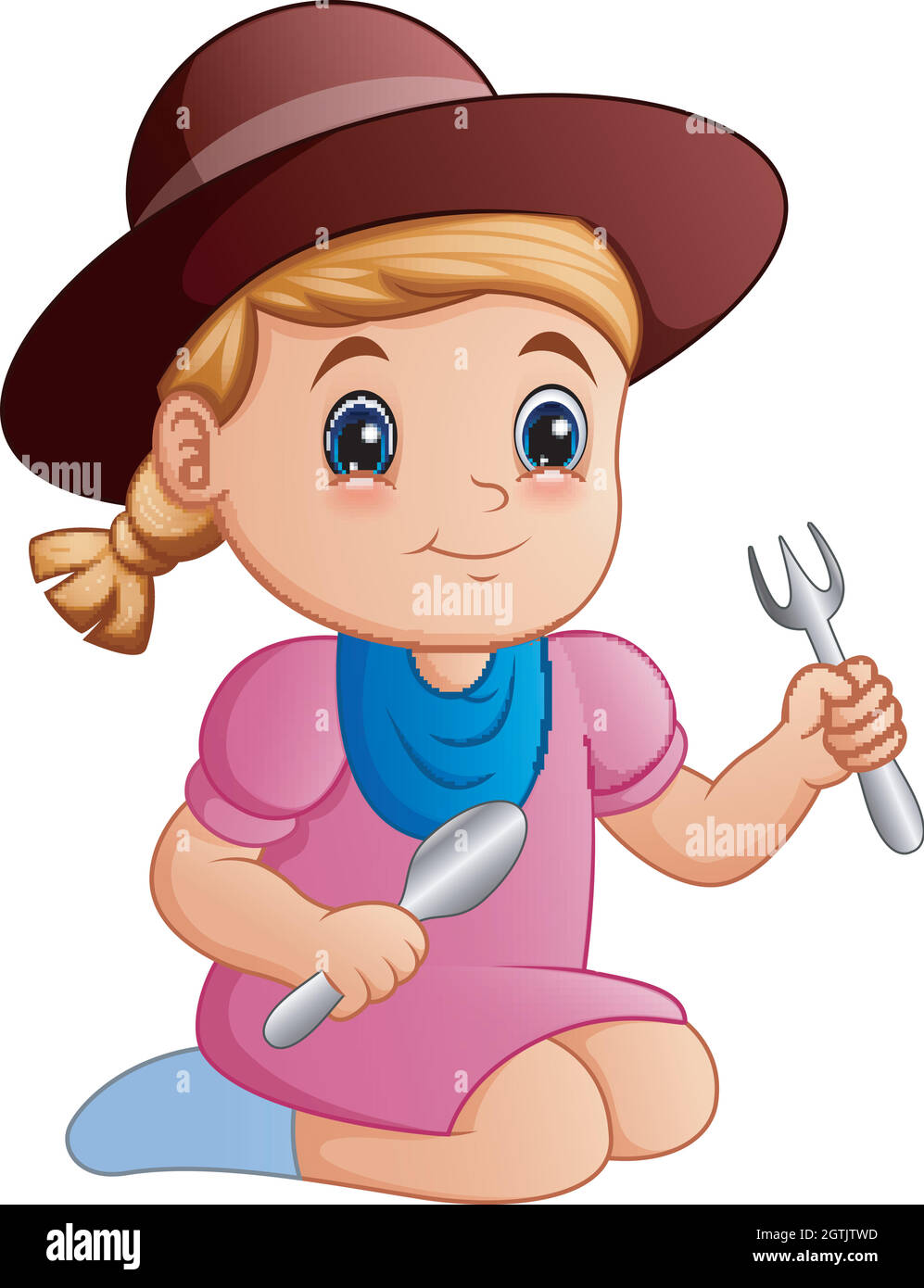 Cartoon happy little girl holding a spoon and fork Stock Vector Image