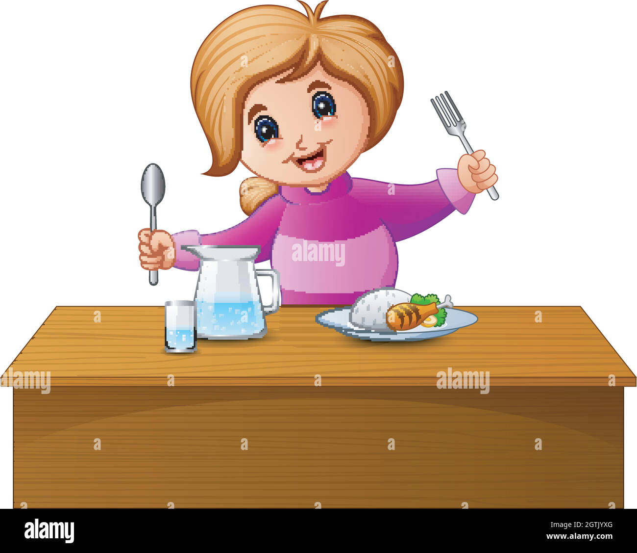 Happy little girl holding spoon and fork eating at the table Stock Vector