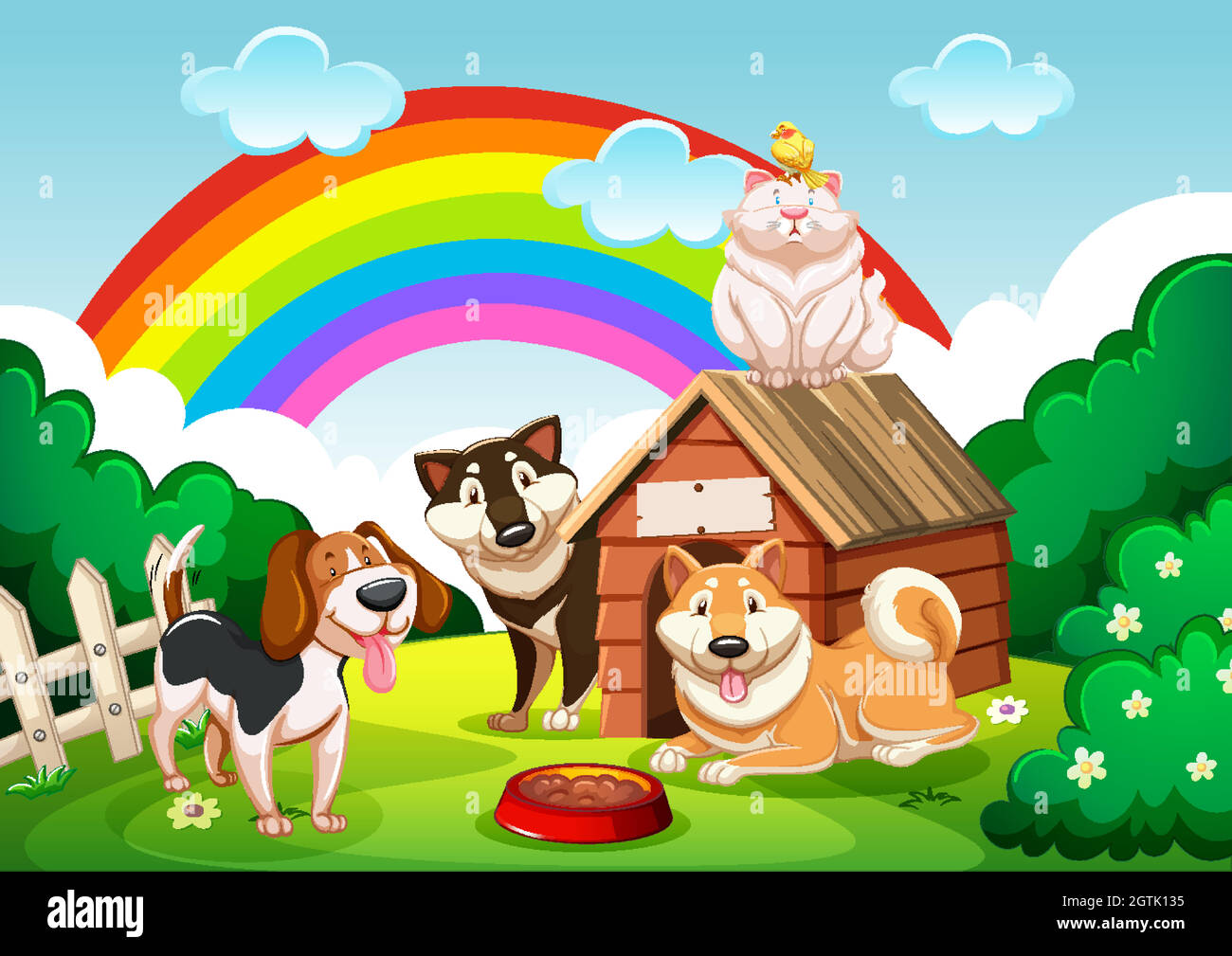 Dog group and a cat in the garden with rainbow scene Stock Vector Image