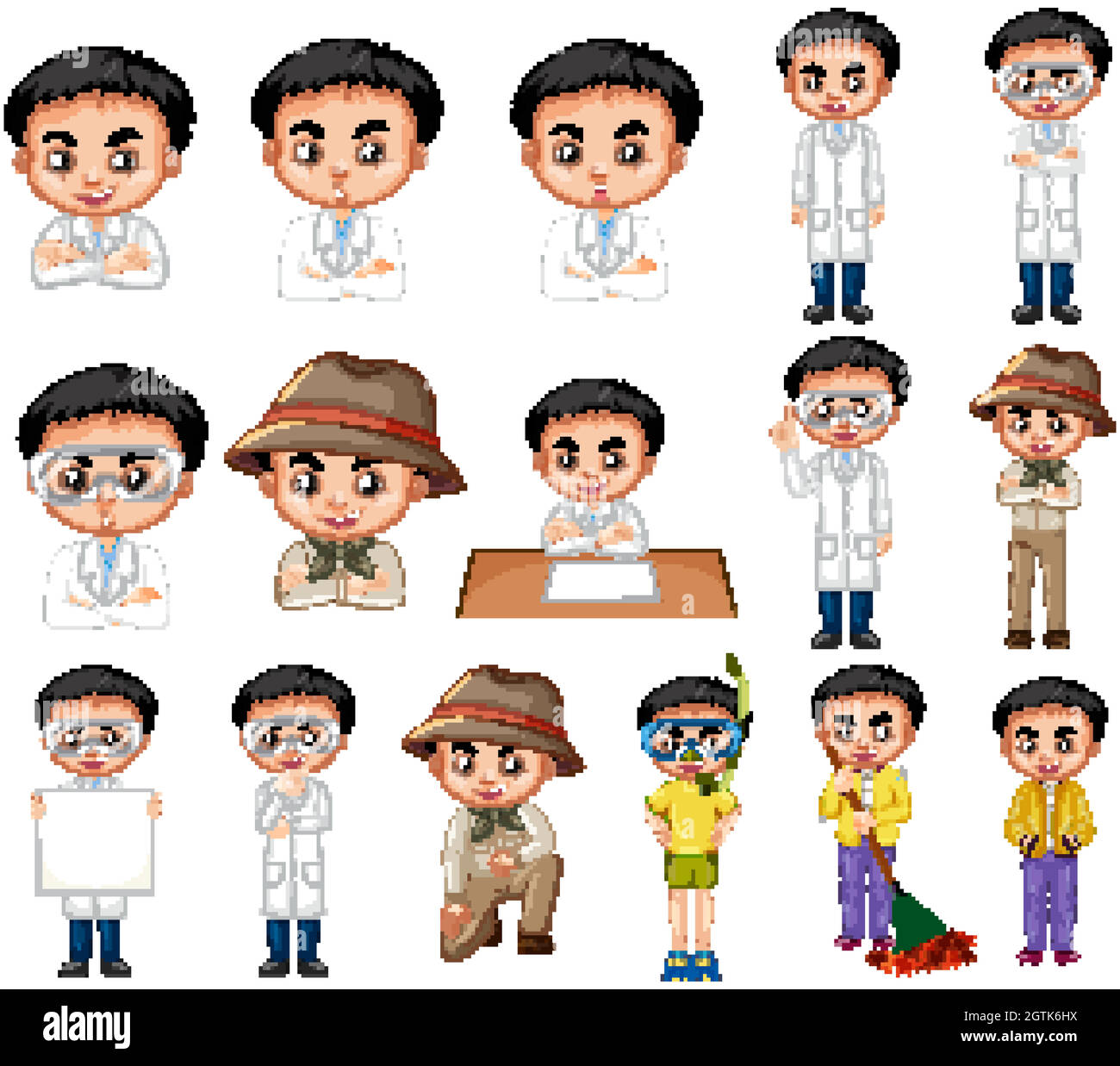 Set of boy in different costumes in many actions Stock Vector