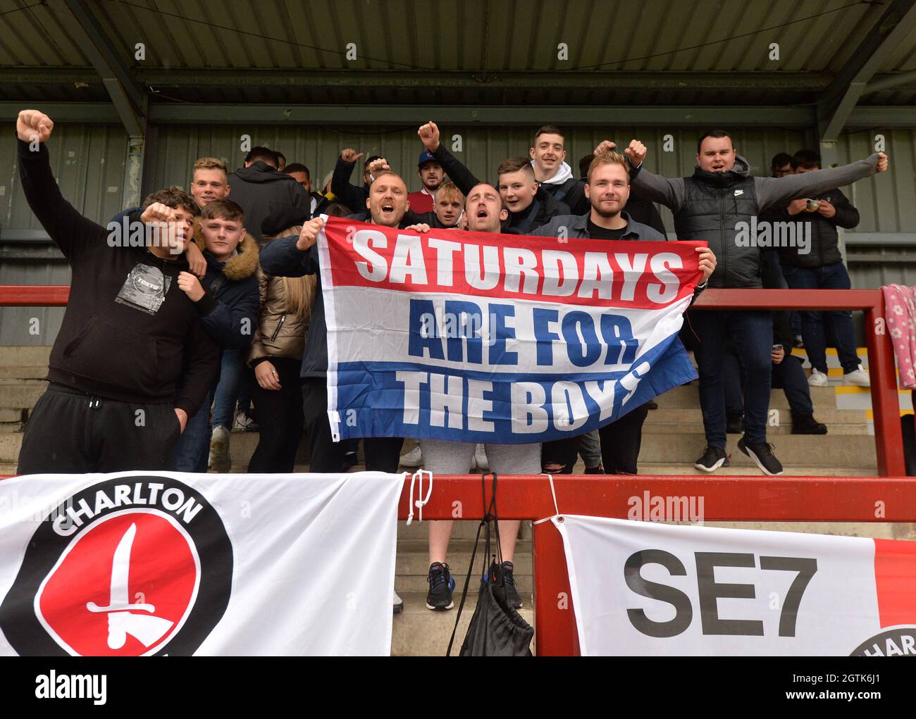 Charlton Athletic fans in the stands show their support during the Sky Bet League One match at Highbury Stadium, Fleetwood. Picture date: Saturday October 2, 2021. Stock Photo