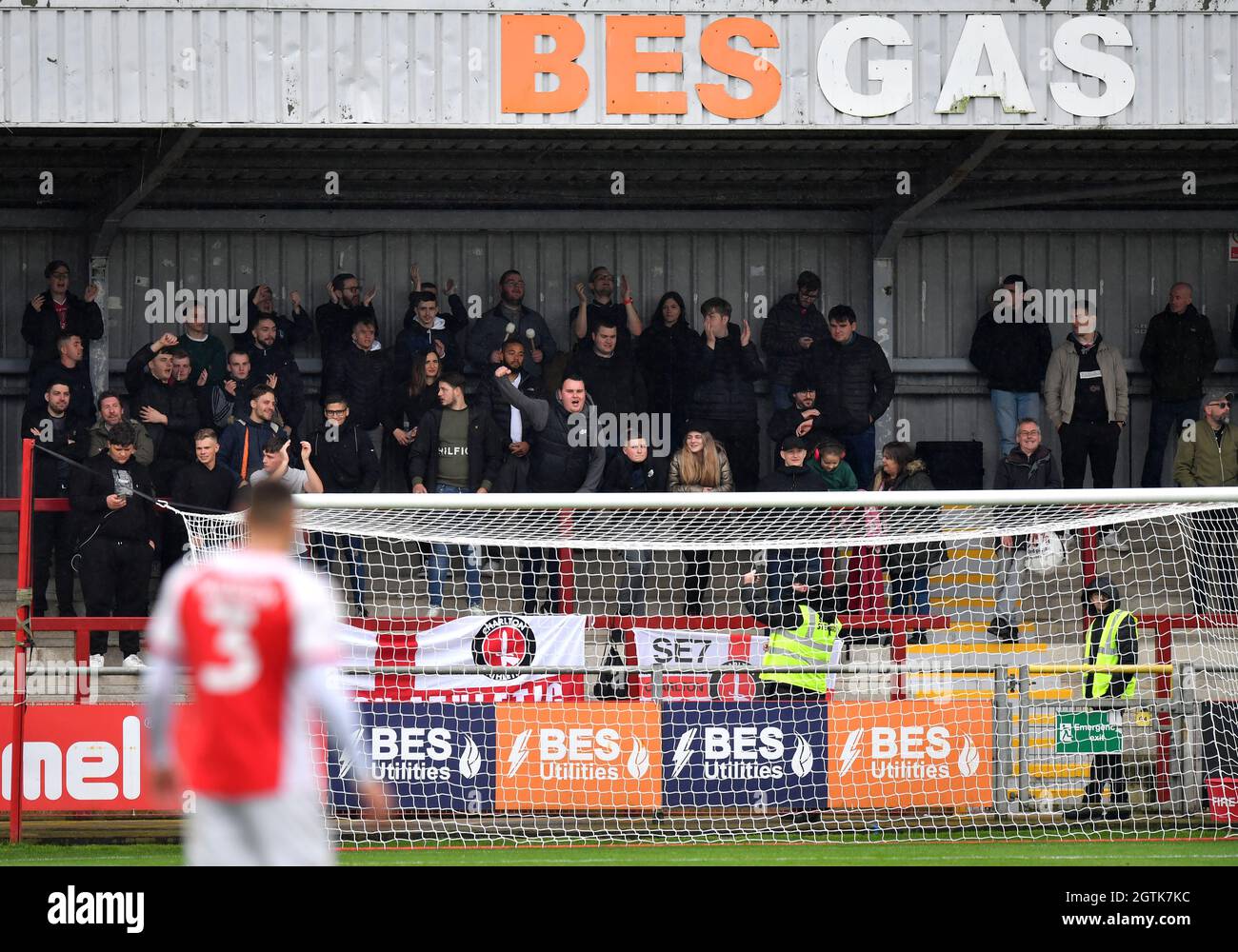 Fans in the stands show their support during the Sky Bet League One match at Highbury Stadium, Fleetwood. Picture date: Saturday October 2, 2021. Stock Photo