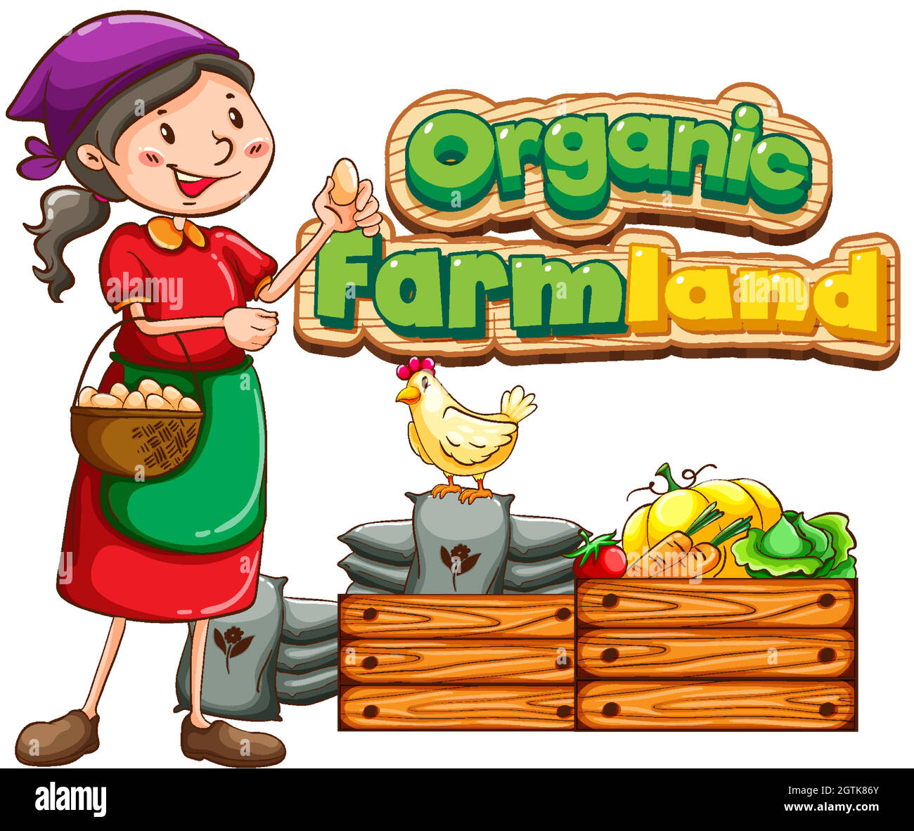 Font design for word organic farmland with farmer and vegetables Stock Vector