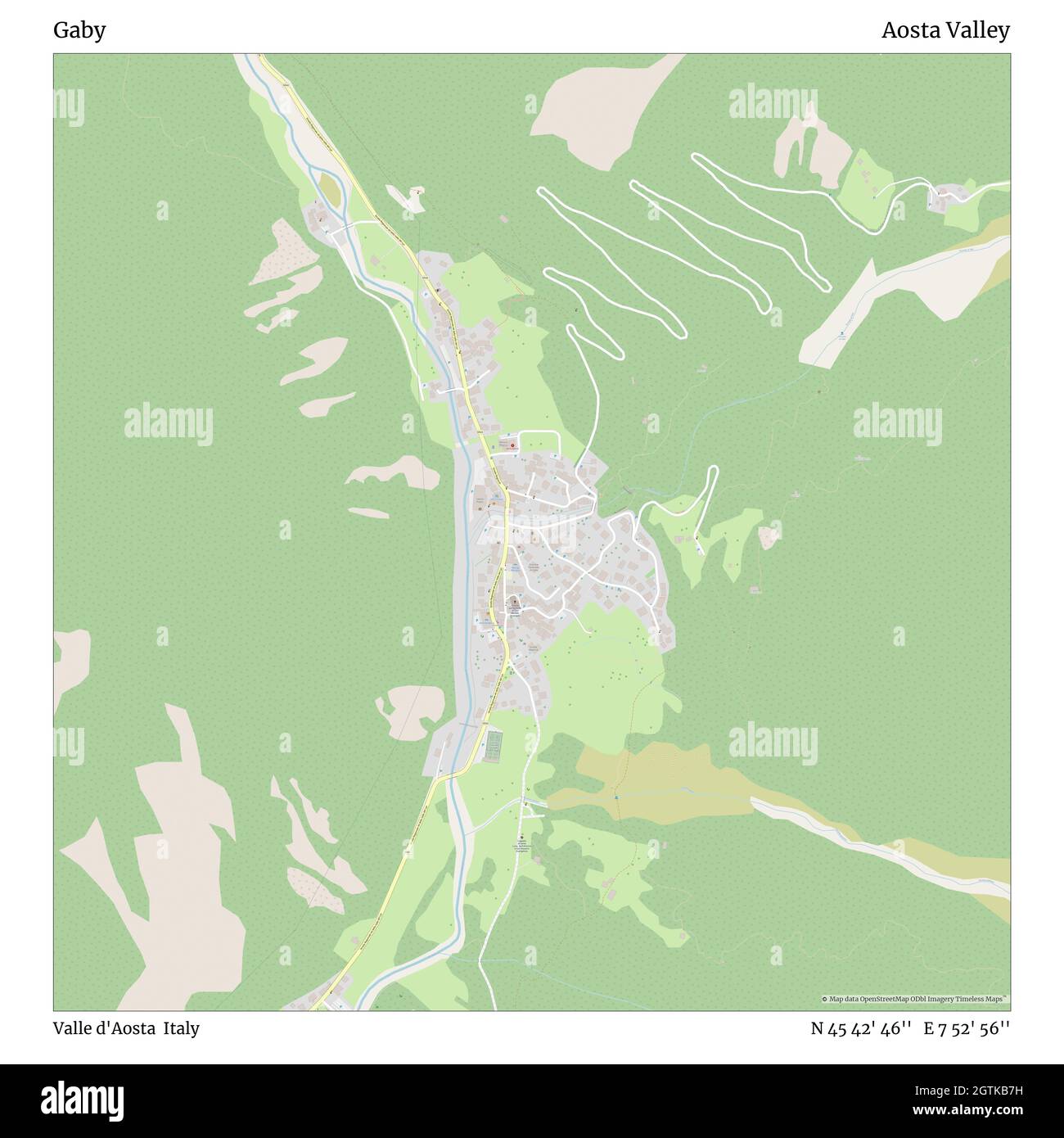 Gaby, Valle d'Aosta, Italy, Aosta Valley, N 45 42' 46'', E 7 52' 56'', map, Timeless Map published in 2021. Travelers, explorers and adventurers like Florence Nightingale, David Livingstone, Ernest Shackleton, Lewis and Clark and Sherlock Holmes relied on maps to plan travels to the world's most remote corners, Timeless Maps is mapping most locations on the globe, showing the achievement of great dreams Stock Photo