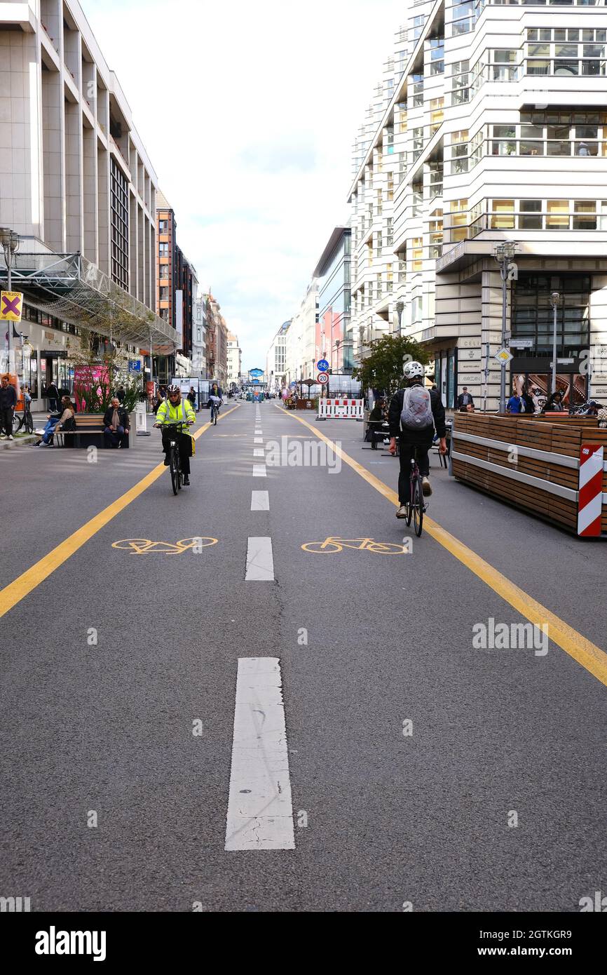 Berlin, Germany, September 30, 2021, view over car-free Friedrichstrasse, which has been redesignated as a bicycle zone. Stock Photo