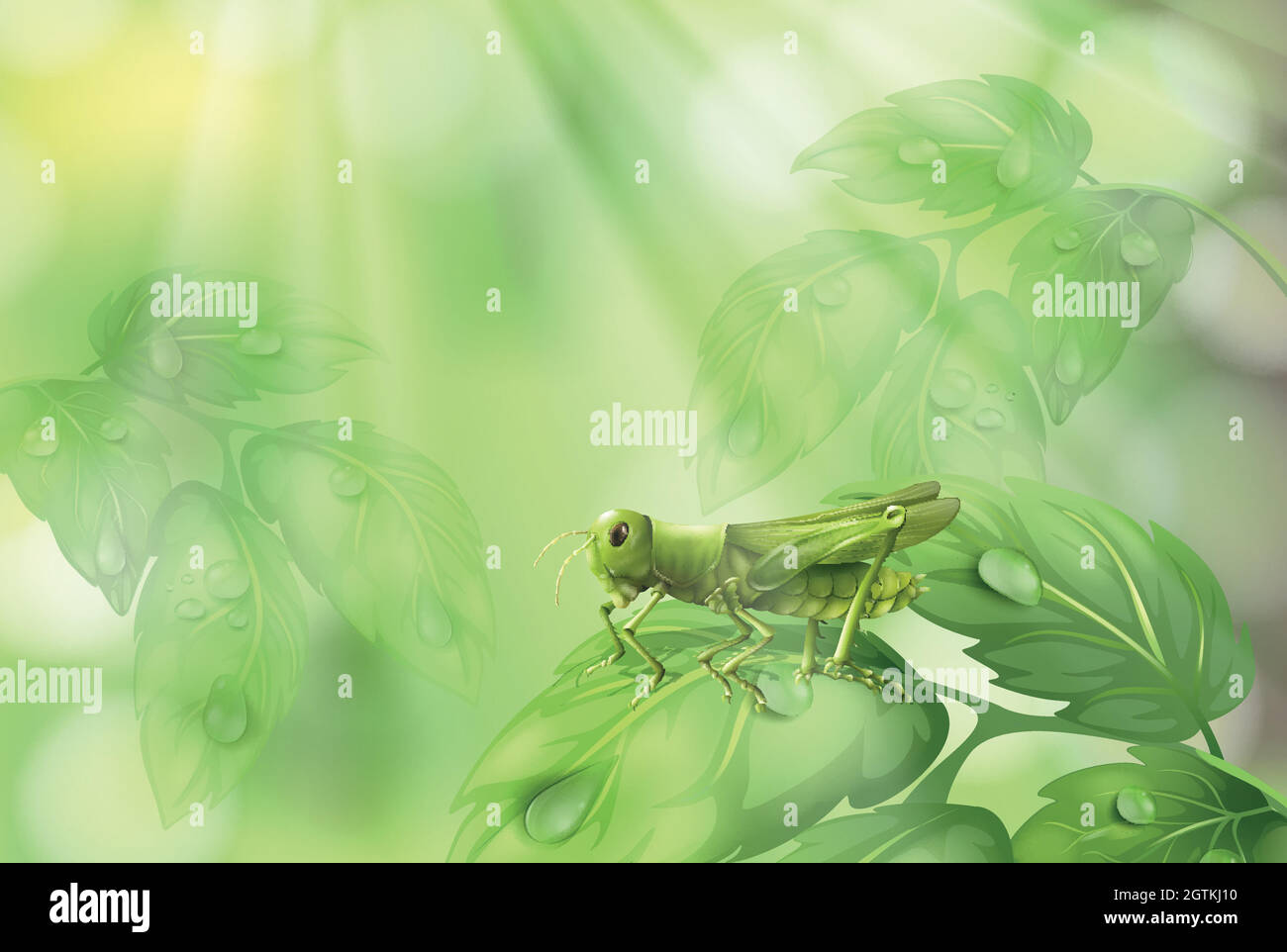 Glasshopper on Plant Leaf Green Background Stock Vector