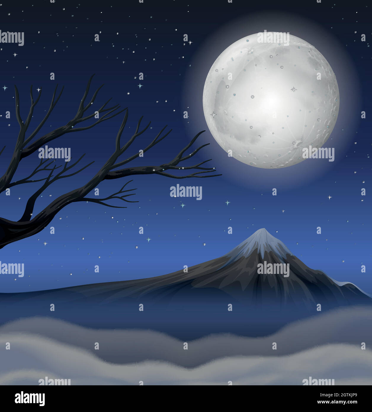 Scene with mountain on fullmoon night Stock Vector