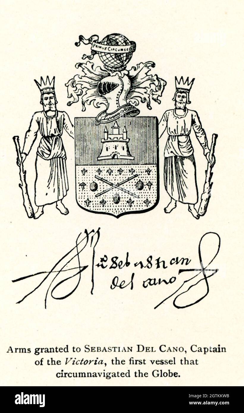 Shown here are the arms granted to Sebastian del Cano, Captain of the Victoria, the first vessel that circumnavigated the globe. Juan Sebastián Elcano (also misspelled del Cano) (sometimes misspelled del Cano (1486/1487 1526) was a Castilian navigator of Basque origin. He is best known for having completed the first circumnavigation of the Earth in the nao Victoria on the Spanish expedition to the Spice Islands. He received recognition for his achievement by the emperor Charles V with the coat of arms reading 'primus circumdedisti me' (You first encircled me). Stock Photo