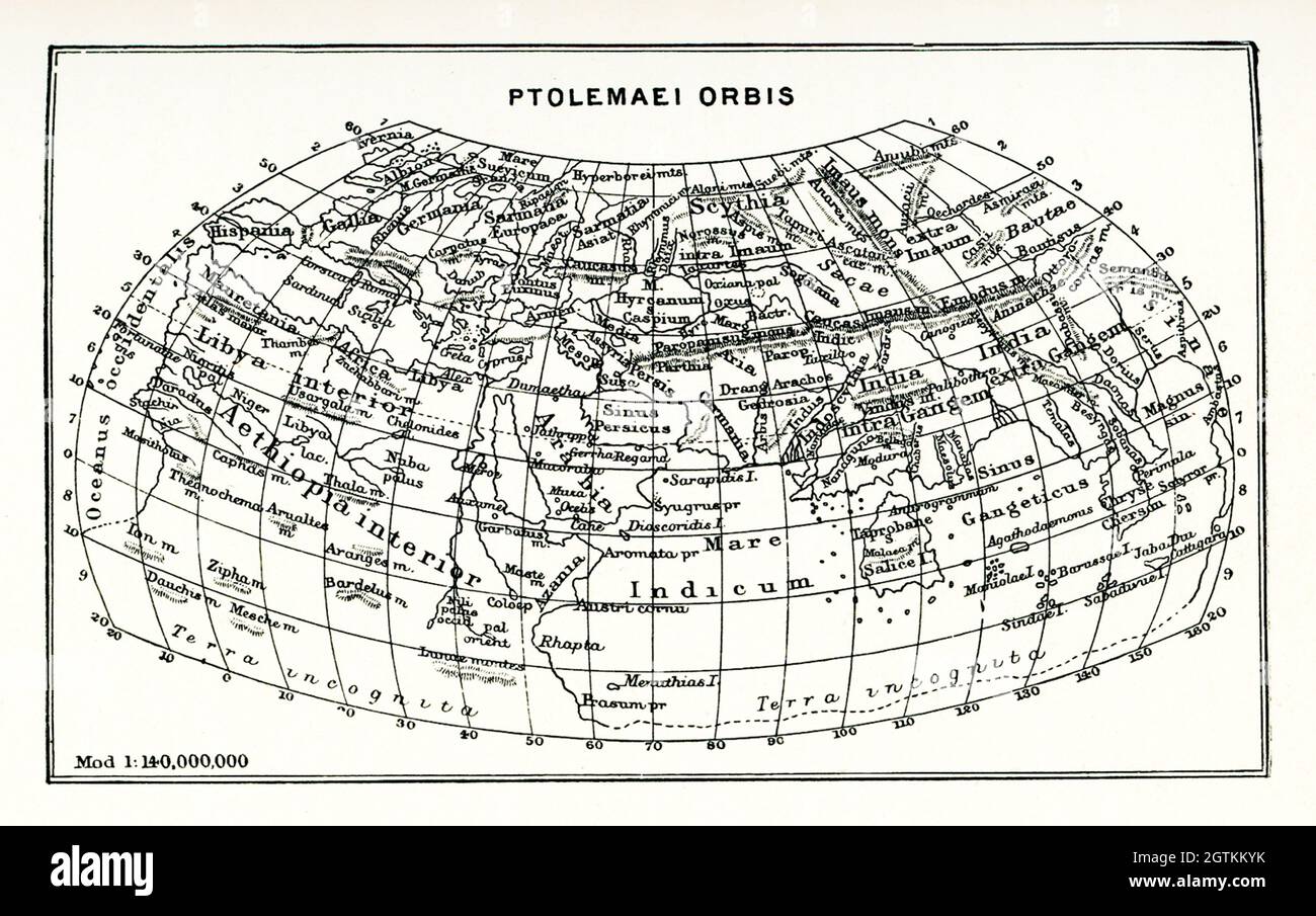 This map shows the world according to Ptolemy. The scale is 1 to 140,000,000. Ptolemy, an Alexandrian astronomer, lived around 150 A.D. His map consisted mainly of lists of places marked on the maps that were circulating at the time and that he made his authorities. He added latitudes and longitudes Stock Photo