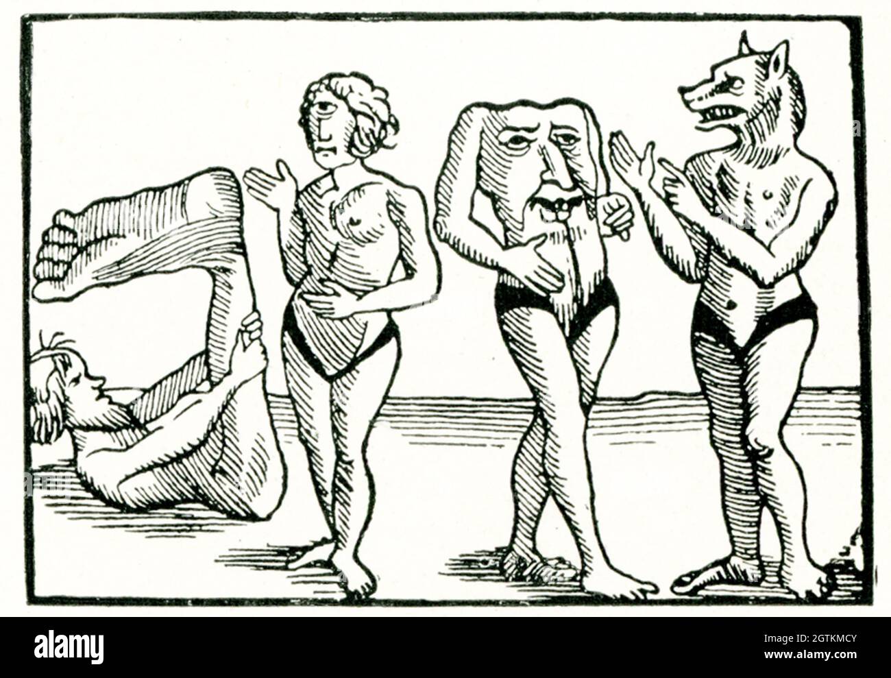 This illustration from Sir John Mandeville shows geographical monsters. Sir John Mandeville is the supposed author of The Travels of Sir John Mandeville, a travel memoir which first circulated between 1357 and 1371. The earliest surviving text is in French. By aid of translations into many other languages, the work acquired extraordinary popularity. Stock Photo