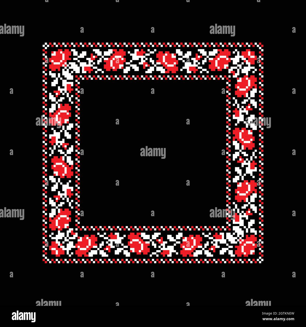 Vector illustration of square frame template with Ukrainian national ornament. Traditional white and red Ukrainian embroidery on black background Stock Vector